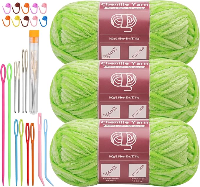 LUNARM Chenille Yarn for Crocheting Knitting, 3 Skein 263 Yard Thick Soft Chunky Fluffy Weaving Plush Yarn for Blankets Clothes Pattern Creations with Big Eye Needles (Grass Green)