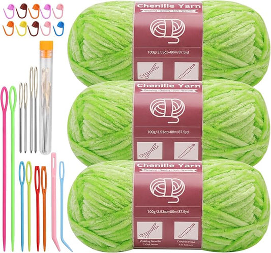 LUNARM Chenille Yarn for Crocheting Knitting, 3 Skein 263 Yard Thick Soft Chunky Fluffy Weaving Plush Yarn for Blankets Clothes Pattern Creations with Big Eye Needles (Grass Green)
