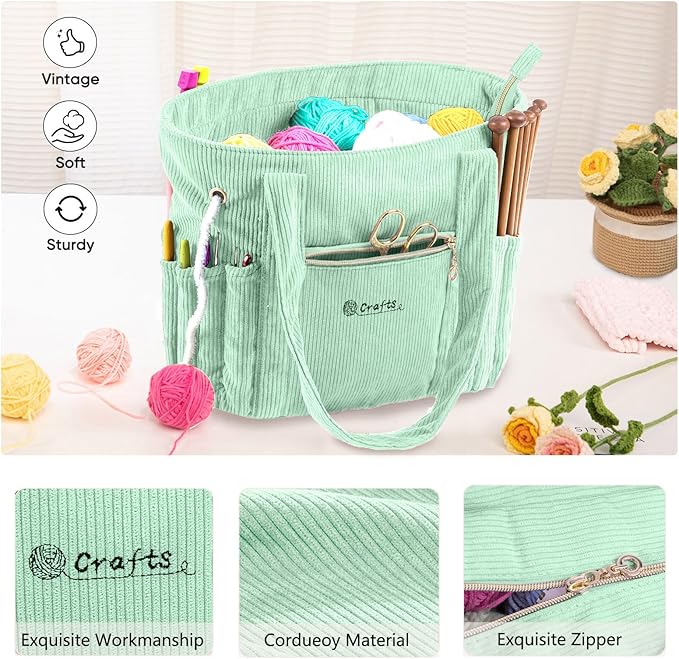 Corduroy Crochet Bag 11.5" Large Yarn Storage Tote with Grommets, Needle Holders – Knitting Bag Organizer for Crochet Hooks, Accessories, Tools & Projects –Gift for Knitters & Crafters