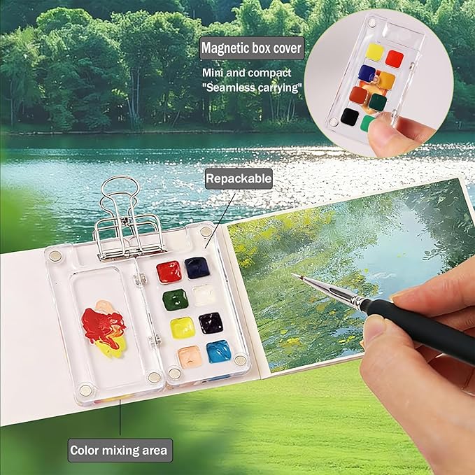 Portable Mini Watercolor Paint Set - All-in-One Travel Kit with Paints, Brushes, Palette, Bag, and Water Container - Perfect for Artists and Beginners-8 Grids