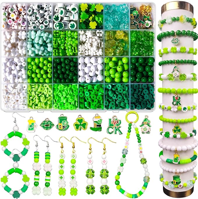 2050+Pcs St. Patricks Day Jewelry Making Kit – Irish Shamrock & Four Leaf Clover Charms Green Polymer Clay Heishi Acrylic Round Beads for DIY Bracelets Necklaces Earrings Craft - Party Favors & Gifts