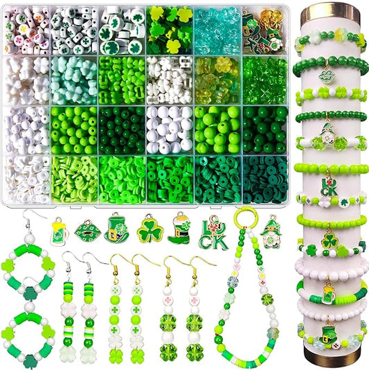 2050+Pcs St. Patricks Day Jewelry Making Kit – Irish Shamrock & Four Leaf Clover Charms Green Polymer Clay Heishi Acrylic Round Beads for DIY Bracelets Necklaces Earrings Craft - Party Favors & Gifts