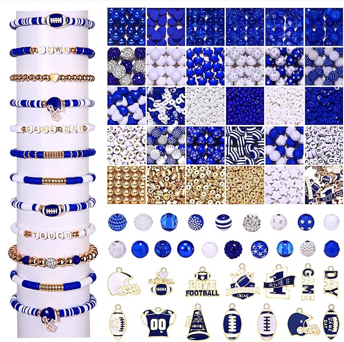 2200PCS+ Game Day Beads Charms for Bracelet Making Polymer Clay Beads Crystal Pearl Letter Gold Spacer Beads Football Charms for Game Day Bracelet Necklace Making DIY Crafts
