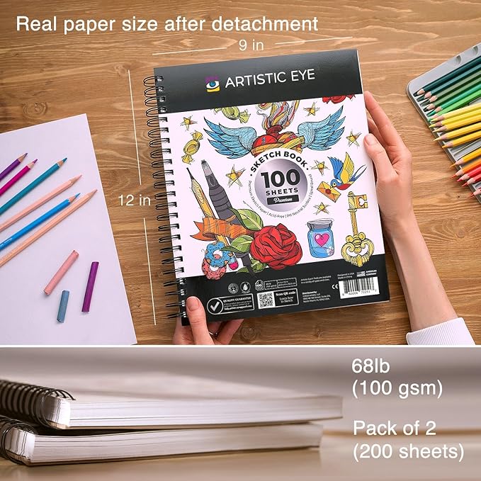 artistic eye 9x12 premium sketch book set, 100 sheets, spiral bound, 68lb (100gsm), acid-free drawing paper, ideal for kids, teens & adults (set of 2)
