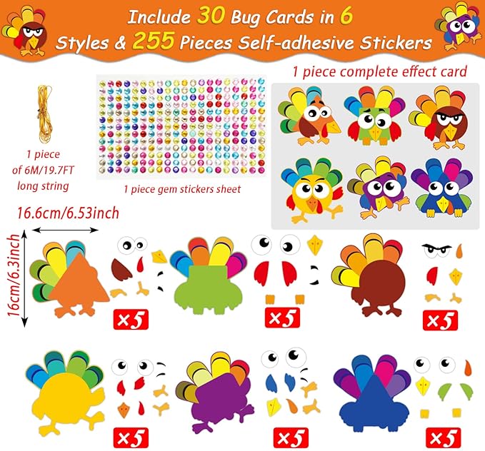 chiazllta 30Pcs Thanksgiving Craft Kits DIY Turkey Craft, Fall Art Craft Make Your Own Turkey Card Sticker Set for Home Game Activities