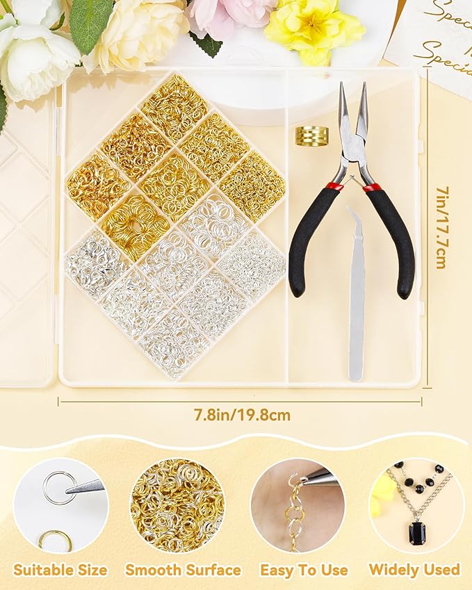 FIVEIZERO 2400PCS Jump Rings Kit for Jewelry Making Supplies & Necklace Repair with Silver & Gold Jump Rings, Lobster Clasps, Pliers, Tweezer & Opener, Jewelry Repair Kit for Earrings and Charms ﻿