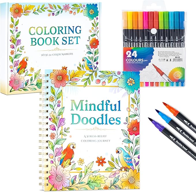 Ospelelf Adult Coloring Book Set Women Relaxation Gifts with 24 Colors Markers for Birthday, Stress Relief with 30 Patterns Included Animal, Flowers, and Positive Messages for Her