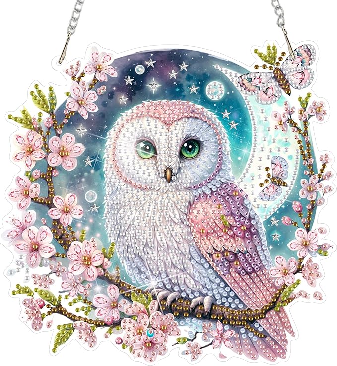 DOMROM Owl Diamond Art Hanging Kit for Adult, Special Shaped Rhinestone, 5D Diamond Art Painting Window Pendants, Home Wall Art Hanging Kits, Double Sided Hanging Ornament 5.1x7.6in
