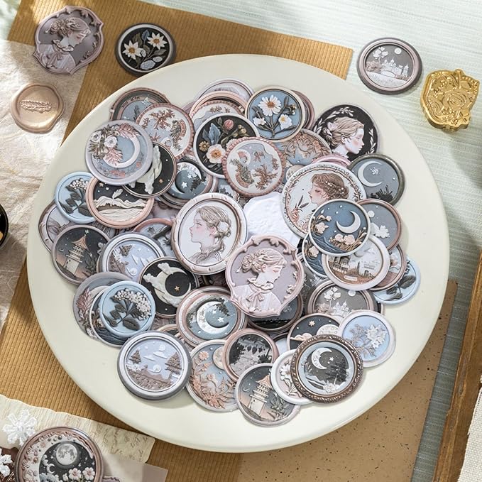 Doukado 100 PCS Aesthetic Relief Fire Lacquer Stamp Sticker, Vintage Original Decorative Envelope Seal Stickers for Junk Journaling, Scrapbooking, Crafting, DIY Projects, Diaries, and Art Supplies