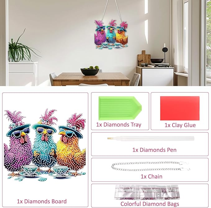 SENQAO Chicken Diamond Art Hanging Kits for Adults Kids, Acrylic Diamonds Painting Pendant Board Kit Chicken, Diamond Art Painting Window Pendants Home Garden Wall Hanging Kits Hanging Ornament