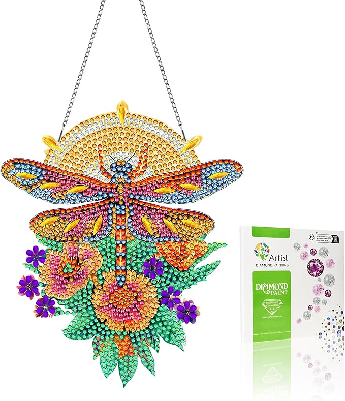 VAIIEYO Dragonfly Diamond Painting Hanging, Animal Diamond Painting Suncatchers Window Hanging Kit with Chain, 7.5x7.5 inch Crystal Pendant Art Craft for Gift Home Wall Front Door Decoration