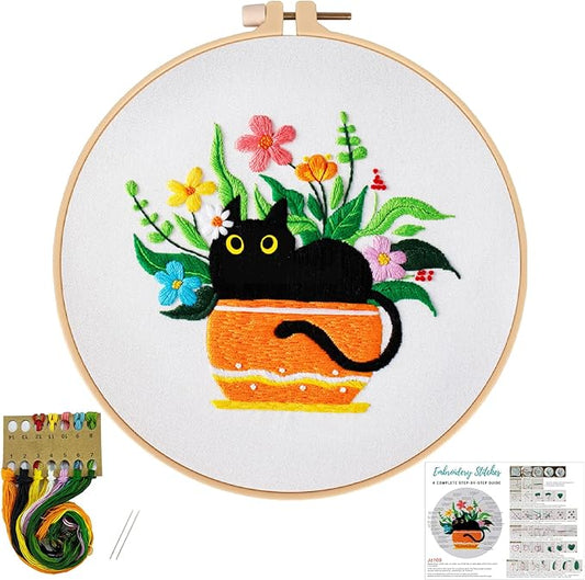Louise Maelys Embroidery kit with Cat Plant Stamped for Starters, Cross Stitch Kits for Beginners Adults, Include Embroidery Cloth, Hoop,Needles,Instruction and Threads