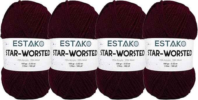 Estako Star-Worsted Yarn - (4 Skeins Pack) - 75% Acrylic 25% Wool - Soft Medium Weight #4 - (4 x 3.52 oz / 4 x 186 yds) - Crochet & Knitting Yarn (43143 - Claret Red)