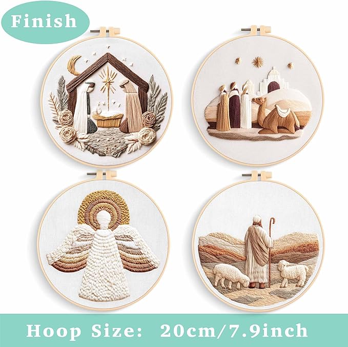 REEWISLY 4set Christmas Embroidery Kit for Adults Beginners, 4 Nativity Patterns with 2 Hoops, Cross Stitch Kits for Beginners, Embroidery Starter Kit with Floss & Needles