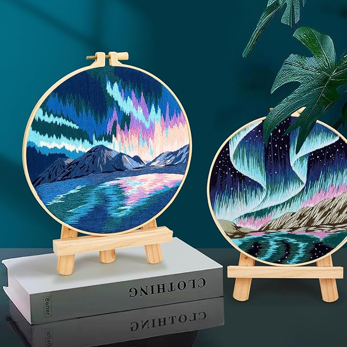 Aurora Borealis Embroidery Starter Kits for Beginners Adults, Stamped Cross Stitch Kit for Adult Beginner, Hand Embroidery Needlepoint Kit, 2 Set Embroidery Supplies, 2 Hoops (Attached Video Tutorial)