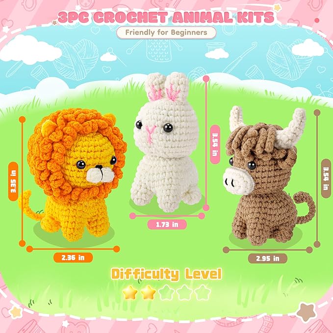 fortuning's jds crochet kit for beginners, amigurumi crochet animal kits, crocheting kit for starters adult with step-by-step video tutorials, animal kits with highland cow, lion, bunny