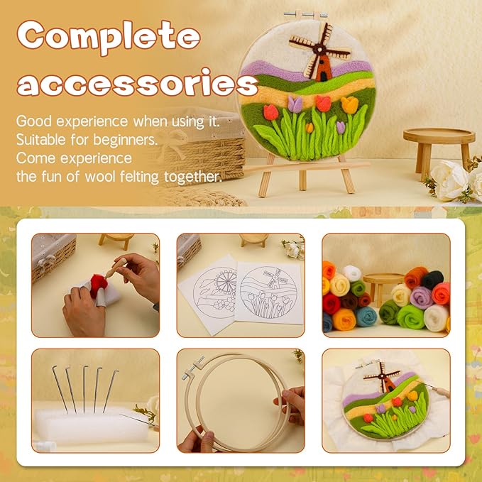 QMNNMA Needle Felting Kit for Beginners, Needle Felt Painting Kit with Picture Frame, Foam Pad, Felt Cloth, and Instructions, Flowers Wool Felting Kit Used for Home Decoration, Art Craft