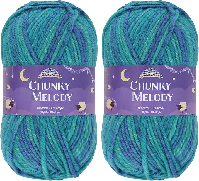 JubileeYarn Chunky Melody Yarn - 100g/Skein Bulky Wool Blend - Beachfront Blue - 2 Skeins
