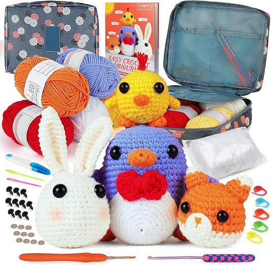 coopay crochet kit for beginners: 4 in 1 crochet animal kit - penguin, chick, rabbit & fox, crochet set beginner crochet starter kit for adults, learn to crocheting knitting kit includes instructions
