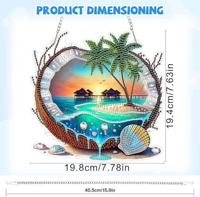 Bowetile Coconut Diamond Art Hanging Kits for Adults, Summer Diamond Art Suncatchers Beach, 5D Special Shape Diamond Painting Pendant Window Ornament Gifts for Home Wall Garden Decor
