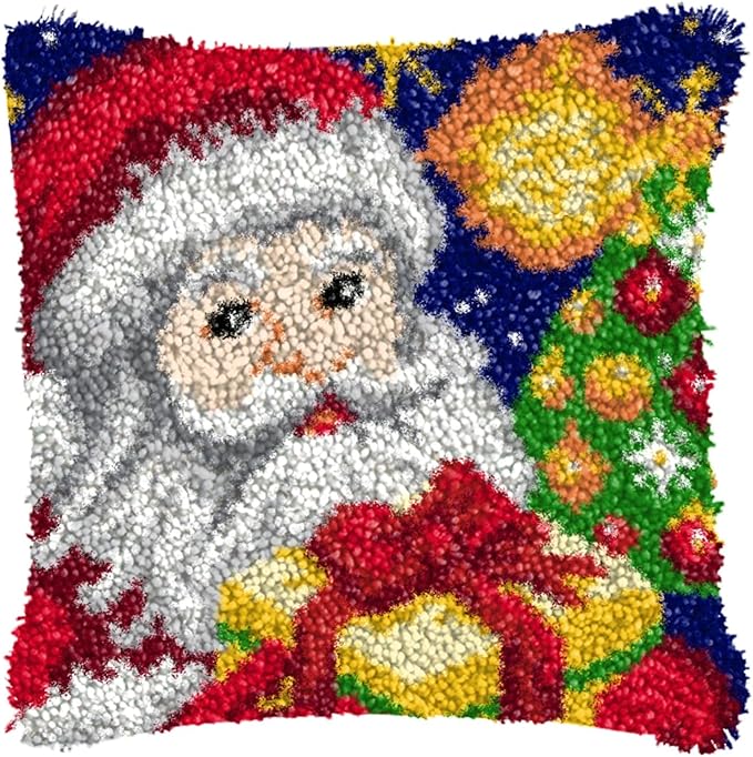 LAPATAIN Latch Hook Kits for Adults,Santa Claus Pattern Color Printed Canvas DIY Throw Pillow Cover,Beginners Handmade Needlework Crafts Home Decoration 17x17inch