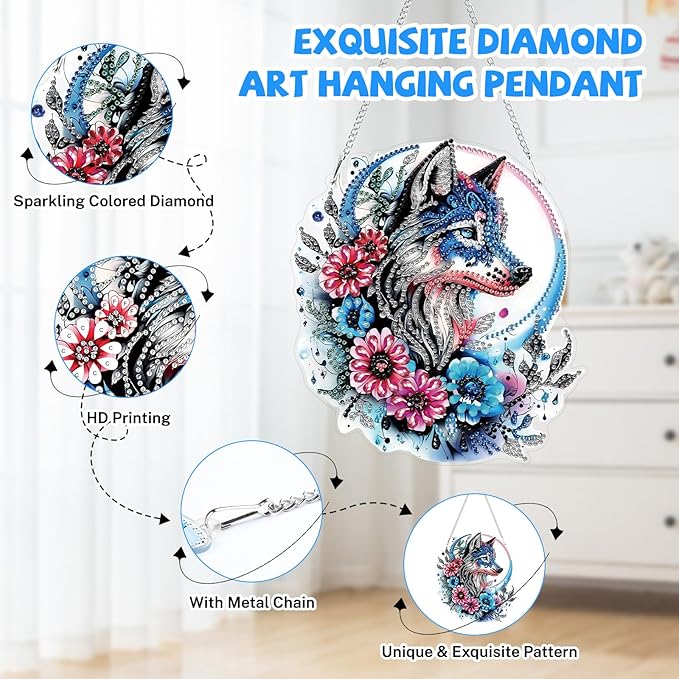Bowetile Wolf Diamond Art Hanging Kits for Adults, 5D Special Shape Diamond Painting Flowers Pendant Kits, Gem Art Suncatchers Painting Window Ornament for Home Garden Wall Decor