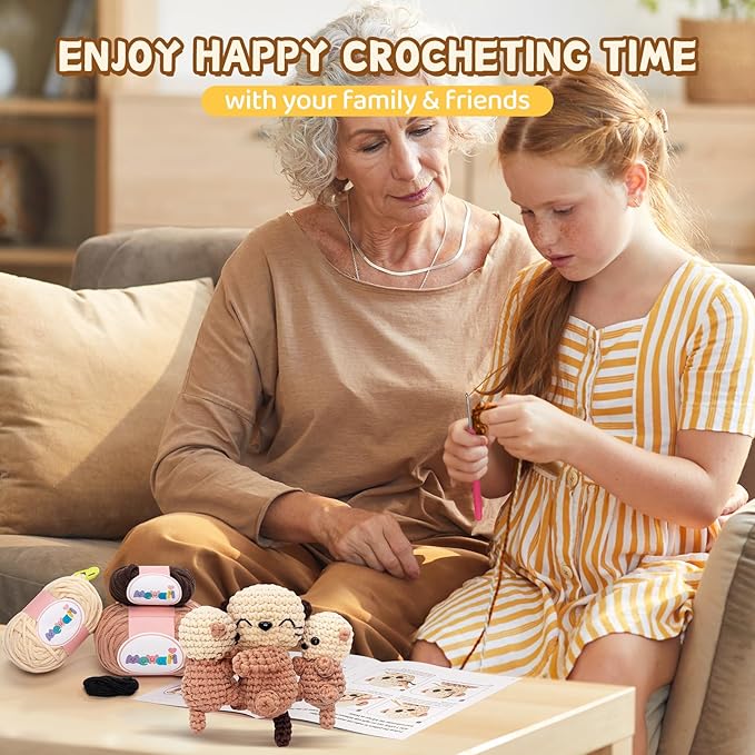 Mewaii Crochet Kit for Beginners Level 1 with 40% Extra Eco-Friendly Pre-Started Easy Yarn, Step-by-Step Video Tutorials for Adults and Kids (3 Pack Sea Otter Family)