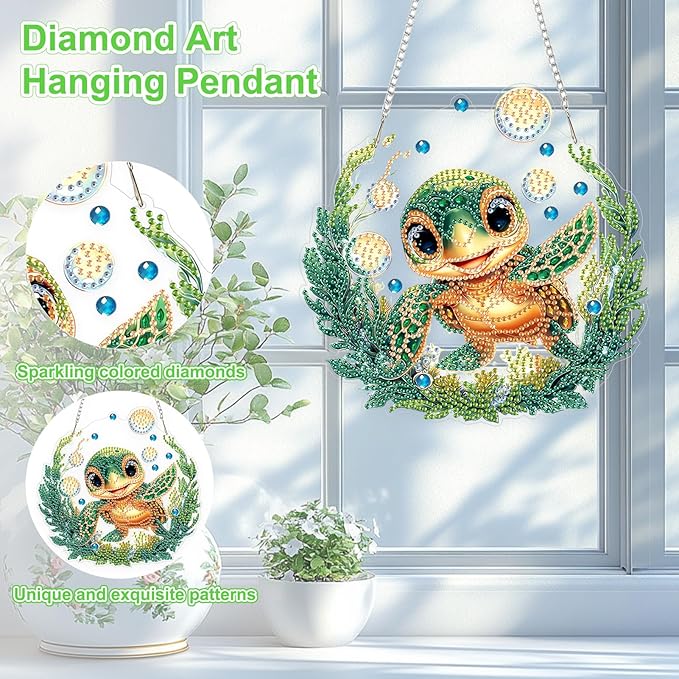 TOSTOG Diamond Art Hanging Kits for Adults, DIY Turtles Diamond Painting for Adults Window Pendant, Special Shape Diamonds Sea Turtles Diamond Painting Hanging Pendant Kit for Wall Decor Gift
