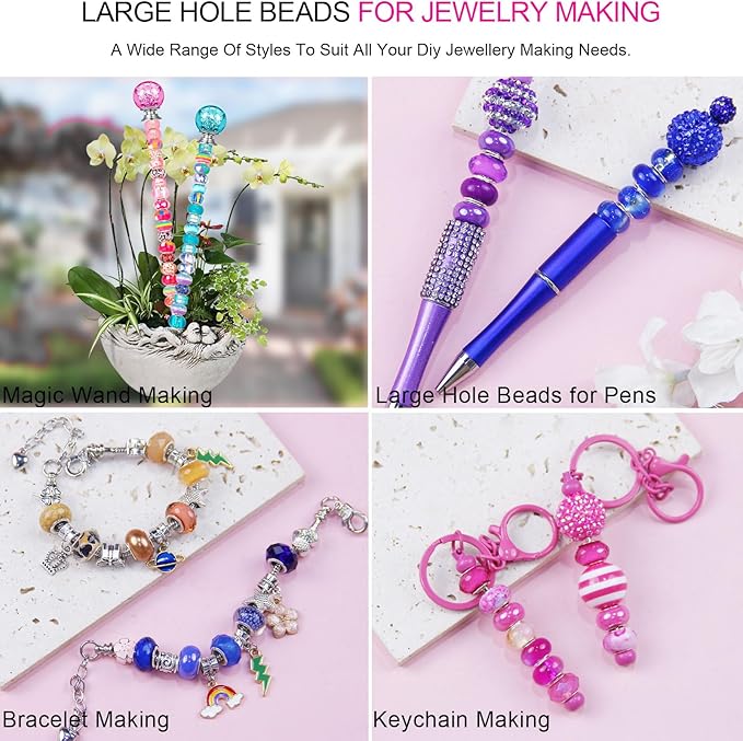 200 Pcs Large Hole Beads for Jewelry Making, Assorted European Craft Big Beads Large Hole Lampwork Murano Bead Fairy Wand Garden Bead for DIY Beadable Pens Charm Bracelet Necklace Decoration Supplies