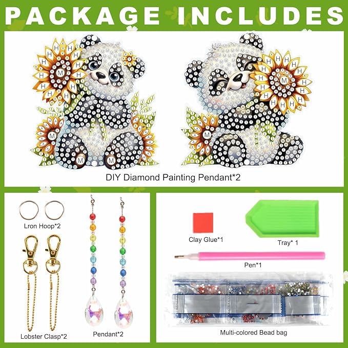 LazyFold 2 Pcs Diamond Painting Wind Chime Kits,Panda and Flower DIY Diamond Art Painting Wind Chime Kits Crystal Art Suncatchers for Adults Home Garden Window Craft Gift
