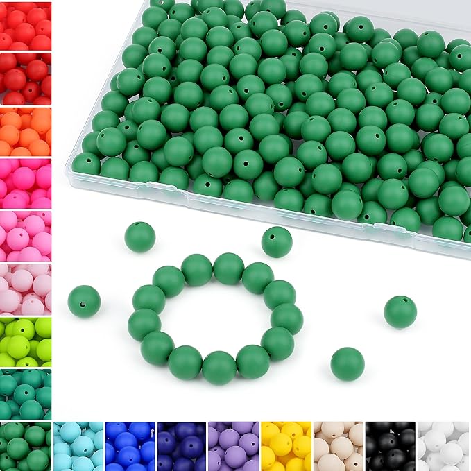 MAIBAOTA 120 Pcs Christmas Green Silicone Beads 15 mm for Keychain/Pens/Bracelet/Necklace Making Round Silicone Bulk Kits