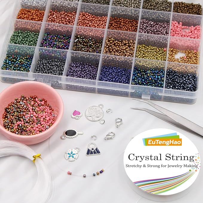 EuTengHao 8/0 Glass Seed Beads Kit, 3mm Metal Color Waist Beads, 24Colors Small Pony Beads with String for Bracelet Necklace Earring Jewelry Making (14405PCS, 600 Per Color)