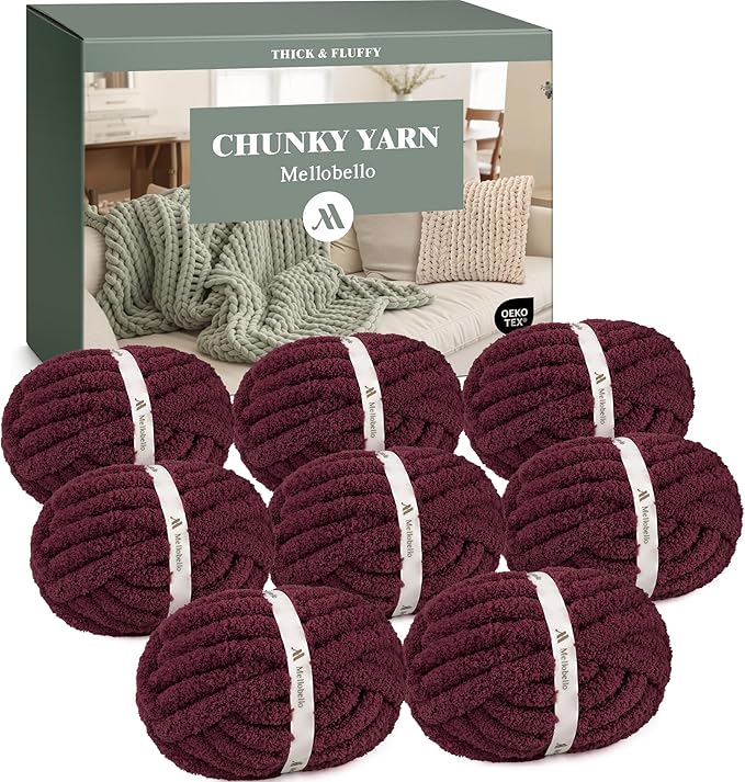 Jumbo Chunky Yarn for Hand Knitting - Super Thick Chenille Chunky Yarn for Crocheting - Extra Soft Bulky Fluffy Blanket Big Yarns 8 Jumbo Pack (27yds,8 oz Each Skein) Wine Red