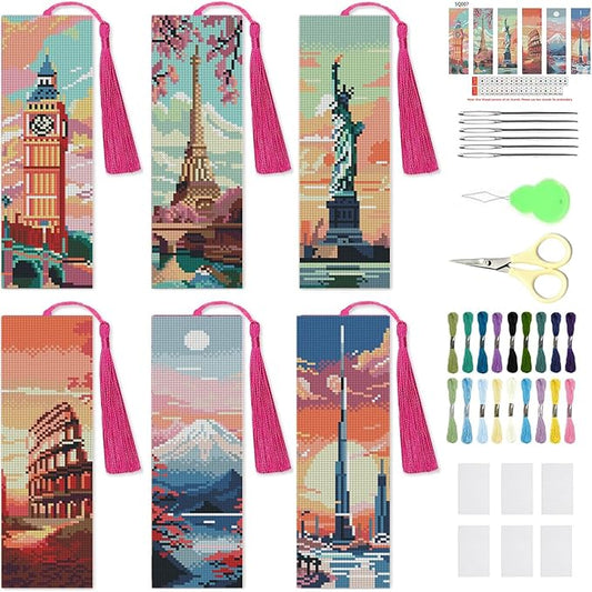 NEGEKFKX 6 Pcs Cityscape Cross Stitch Bookmark Kit for Adult Beginners,Famous Buildings Cross Stitch Kits 14 CT DIY Crossstitch Kits Adult Stamped Bookmark Embroidery Bookmarks Kit