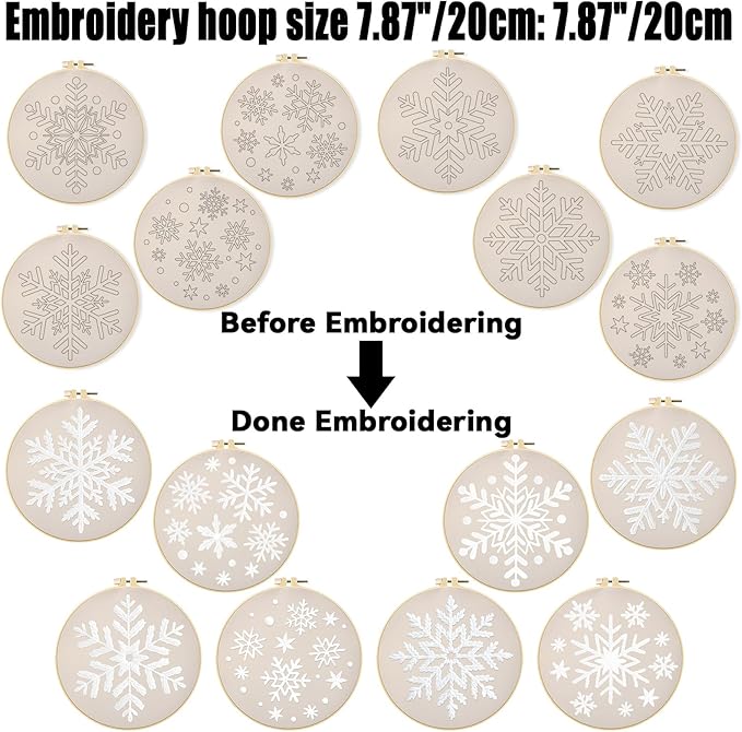 ORIGACH 8 Pcs Snowflakes Embroidery Kit for Beginners, Christmas Stamped Design Embroidery Starter Kit Includes Cloth, Hoops, Threads & Needles