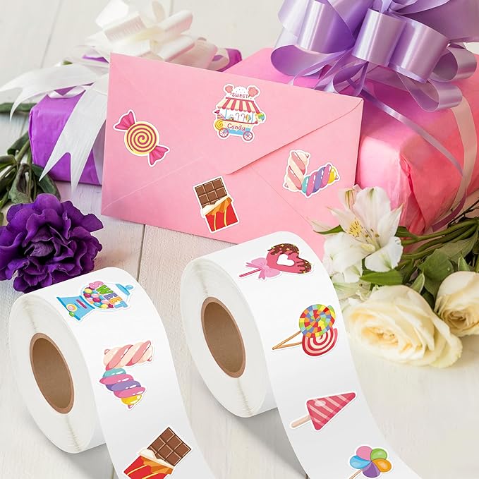 beyumi candy party sticker roll - 1000pcs candy party stickers in 2 rolls waterproof vinyl sweets themed cute dessert decal for gift laptop bottle scrapbooking luggage computer envelope decor for kids