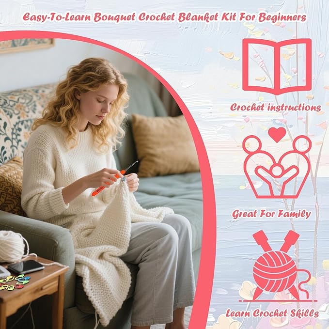 Yarniss Rose Crochet Blanket Kit for Beginner,Crochet Flower Bouquet Blanket Kit with Enough Yarn&Tutorial,Crochet Blanket Kit for Adults