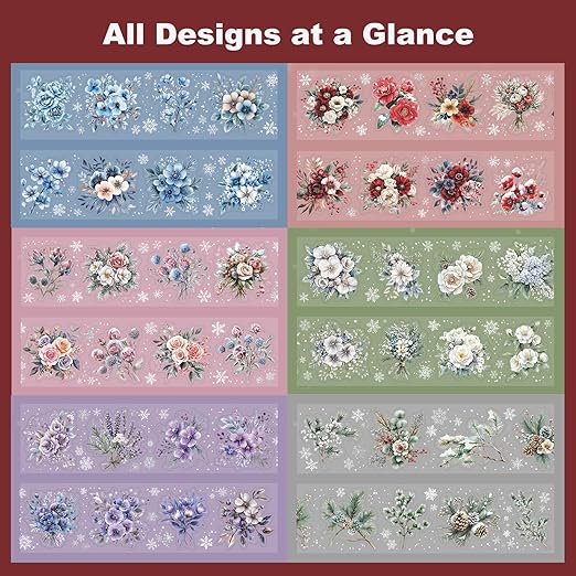 6-Roll Winter Floral PET Tape Set, Pre-Cut Transparent Waterproof Flower Sticker Rolls for Scrapbooking, Journals, Planners, DIY Crafts, Cards and Gift Wrapping