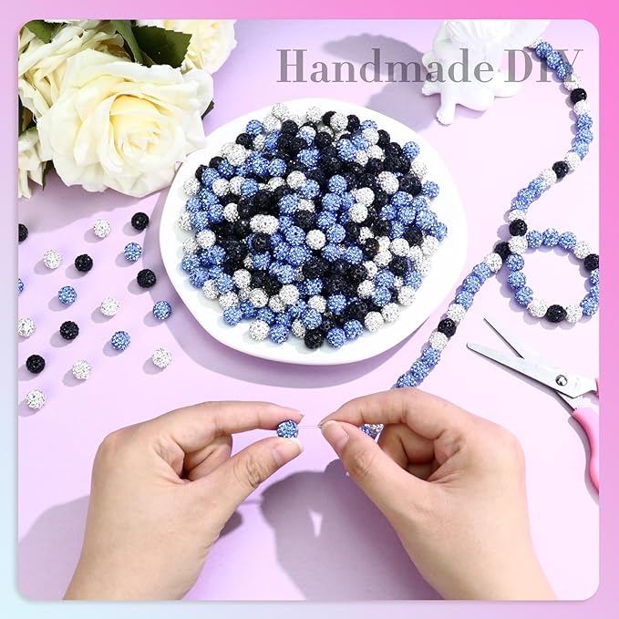 Dowarm 255PCS 10mm Rhinestone Beads for Baseball Rhinestone Necklace Bracelet Jewelry Making, Round Polymer Clay Beads for Crafts Beaded Pen, Shamballa Pave Diamond Bead, Ice Blue|White|Black