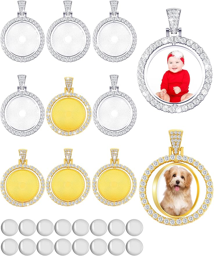 Ferraycle 27 Pieces Rhinestone Bezel Pendant Trays Set Including 9 Pieces Double-Sided Sublimation Blank 1 Inch Bezel Round Pendant Trays Charms with 18 Transparent Glass(Silver, Gold)