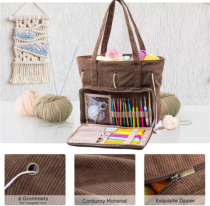 Large Yarn Tote Organizer – Corduroy Knitting Storage Holder for Yarn, Hooks & Accessories, Portable Craft Carryall for Crocheting Lovers, Mother’s Day Gift