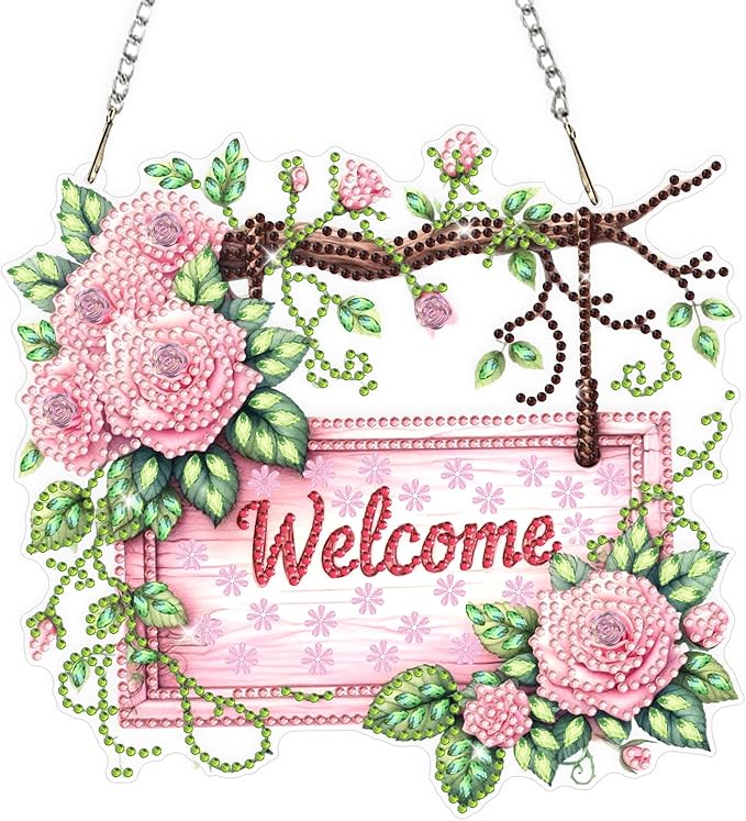 Roses Flower Diamond Art Hanging Ornaments Kits for Adults, Spring Diamond Painting Pendant Kits, DIY Acrylic 5D Special Shaped Crystal Gem Art Painting Ornament for Home Wall Decor Gift 8x8 Inch