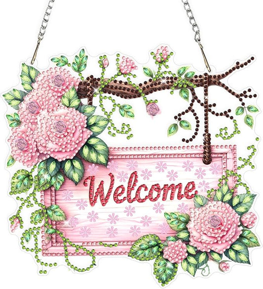 Roses Flower Diamond Art Hanging Ornaments Kits for Adults, Spring Diamond Painting Pendant Kits, DIY Acrylic 5D Special Shaped Crystal Gem Art Painting Ornament for Home Wall Decor Gift 8x8 Inch