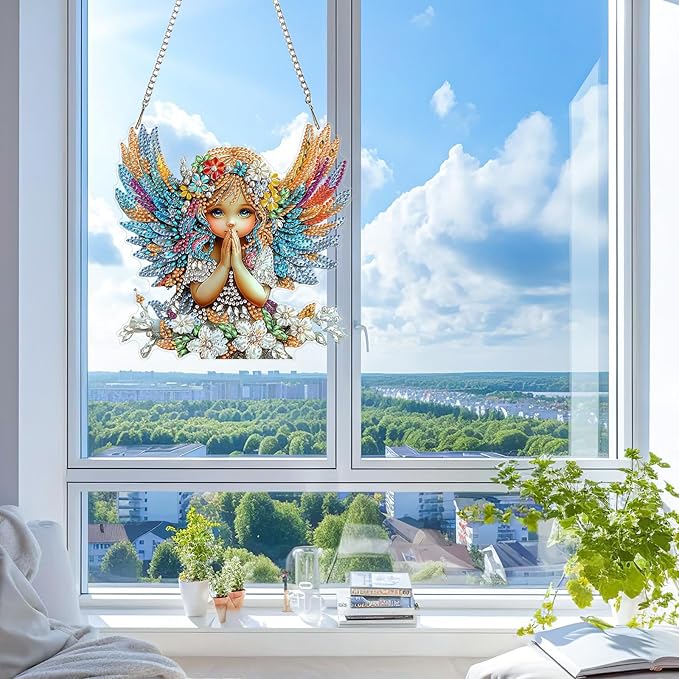 KEYIFA Angel Diamond Painting Kit, DIY Flowers Diamond Art for Adults, Diamonds Pendant Special Shaped Rhinestone Window Hanging Ornaments Home Garden Wall Door Decoration, 20cm Width