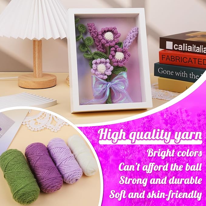 IMZAY Lavender Crochet Kit with Photo Frame, Lavender Knitting Weaving Set with Yarn, Hooks, Instruction, Stitching Markers, Fiber Fill, Floral Wire, Crochet Set for Mother's Day & Christmas