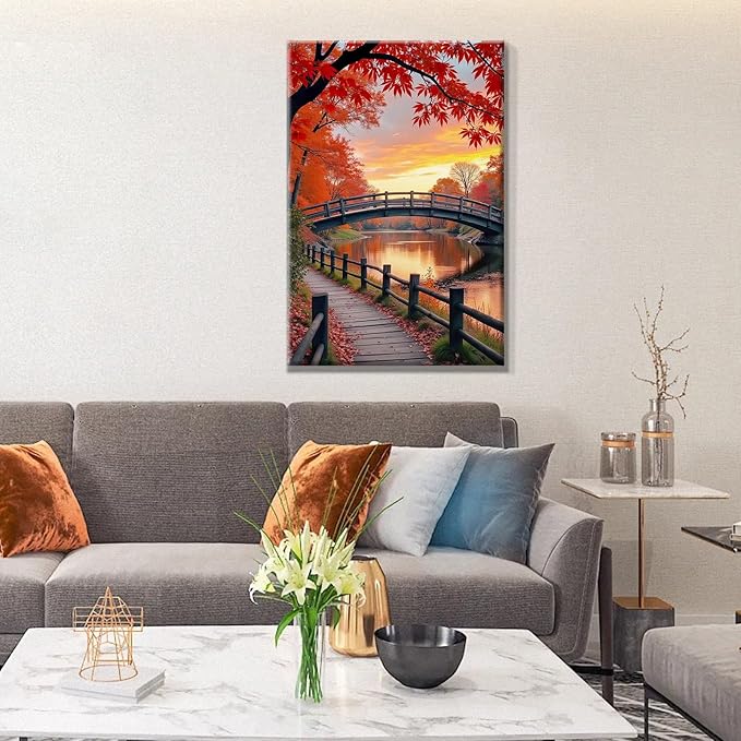 JOOZ Paint by Numbers Kit for Adults with Frame Autumn Landscape Paint by Number with Easel Forest Adult Paint by Number Kits Framed Canvas Bridge Oil Painting Kits for Home Wall Decor 8x12 Inch