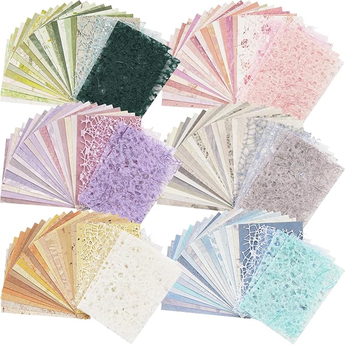 156 Sheets Scrapbook Paper and Mesh Fabric Assorted Set - 6 Pack Mixed Special Textured Paper for Scrapbooking Kit Junk Journal Supplies Planner Mixed Media Collage Card Making Materials 3.9x5.5 Inch