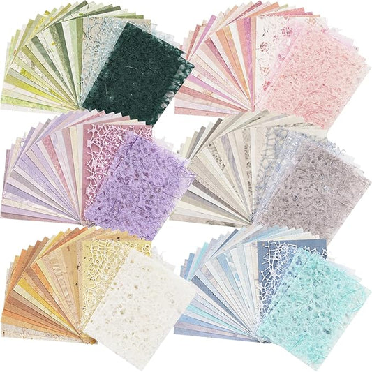 156 Sheets Scrapbook Paper and Mesh Fabric Assorted Set - 6 Pack Mixed Special Textured Paper for Scrapbooking Kit Junk Journal Supplies Planner Mixed Media Collage Card Making Materials 3.9x5.5 Inch