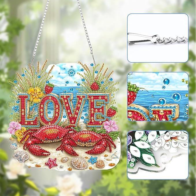 Lxmsja DIY Two Red Crabs Diamond Painting Hanging Ornament, Double-Sided Acrylic Ocean Diamond Art Kit, Special Shaped Suncatcher Hanging Pendant Window Art Kit