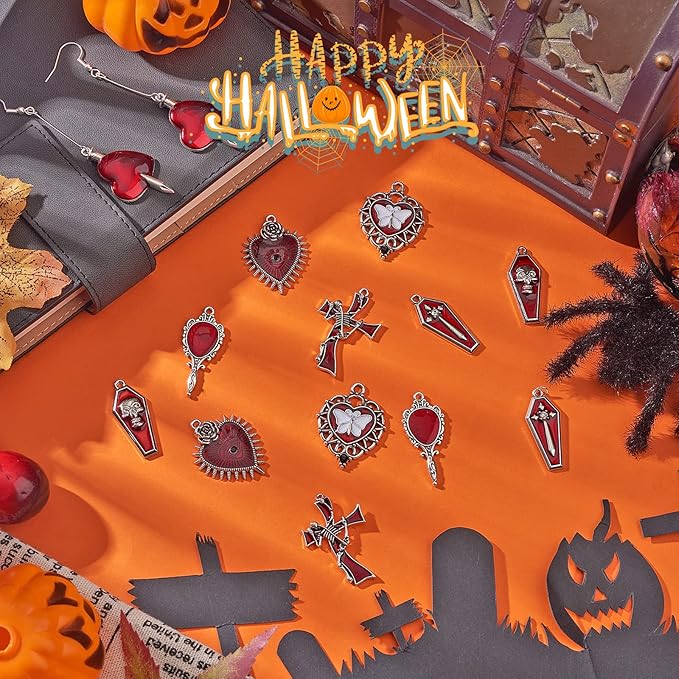 WEWAYSMILE 14Pcs Halloween Charm Pendant Red Skull Charm Witchy Charms for Jewelry Making Kit Hearts, Small Crosses Halloween Jewelry for DIY Necklace Bracelet Earring Accessories
